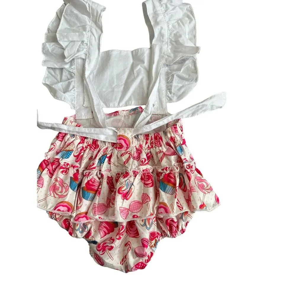 Canrulo Babies 12M Flying Sleeve Lemon Cartoon Cake Print Backless Pink Romper